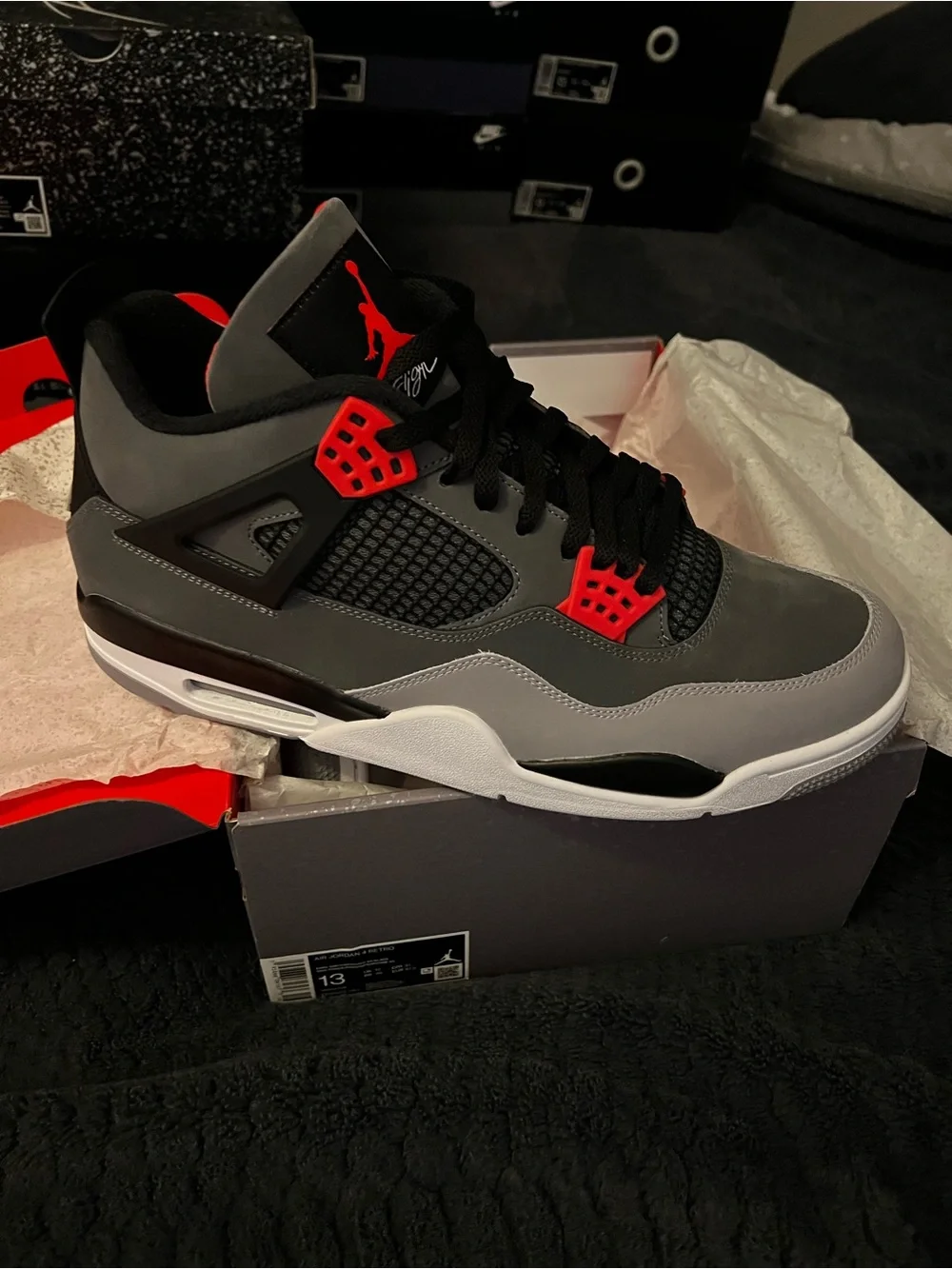 Infrared Men’s Jordan 4 Retro Gray and Red Basketball Shoes